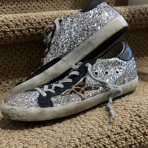 Golden Goose Silver Glitter Sneakers with Black Accents